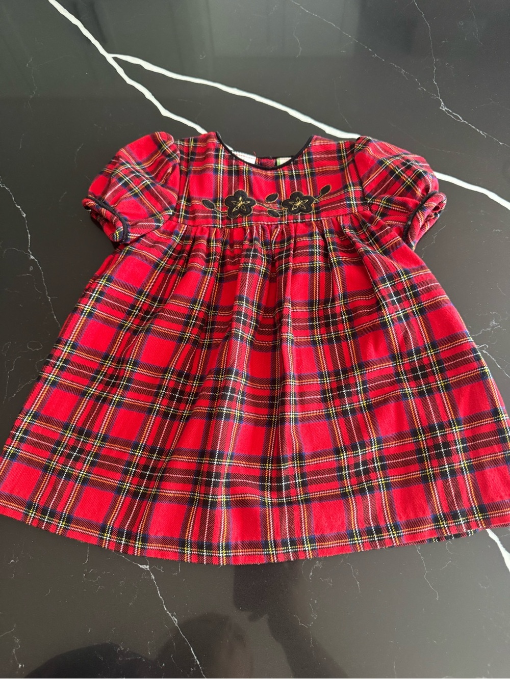 Red Plaid Girls' Holiday Dress‎ with Black Floral Detail